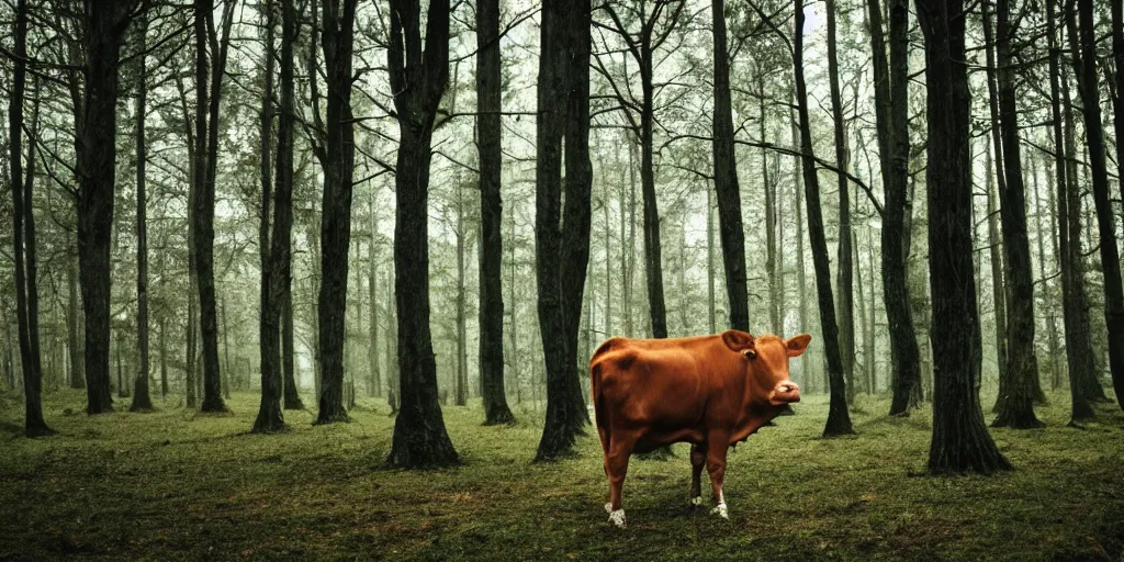 Prompt: photo of a cow standing on 2 legs hiding behind a tree in a dark gloomy forest