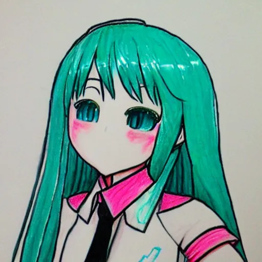 Image similar to Child's drawing of Hatsune Miku, crayon