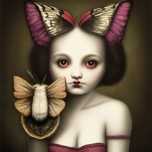 Image similar to beautiful portrait of a fluffy moth in the style of Mark Ryden, detailed, trending on Artstation