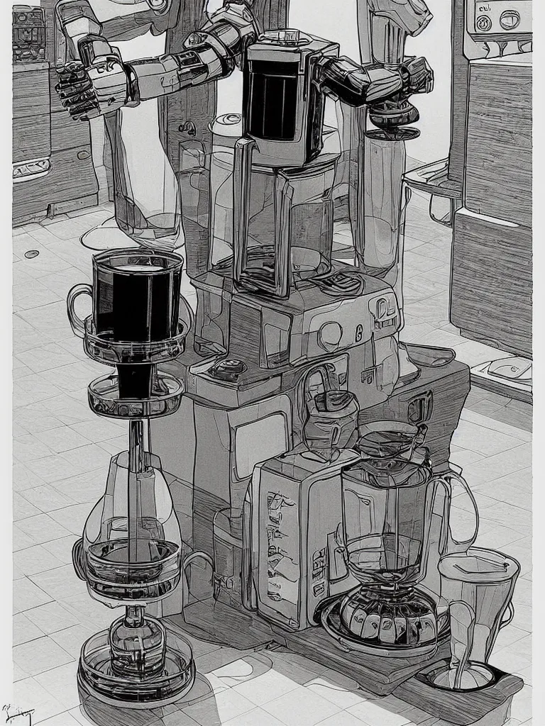 Prompt: bipedal robot coffee maker, by jean giraud