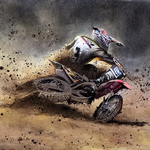 Image similar to dirt bike off - road motorcycle crash face ground dirt in water color painting style