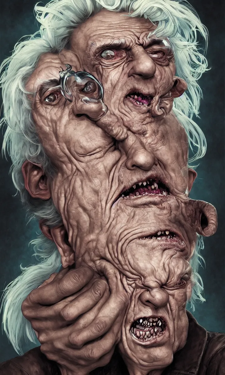 Image similar to hyper realistic grotesque portrait of an old drunk rick sanchez, from rick and morty, white hair, interdimentional portal in the background by lee bermejo, alphonse mucha and greg rutkowski