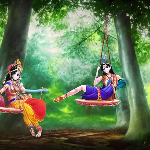 Prompt: radha and krishna on a swing in the forest, anime adaptation of the radhakrishn tv show, mushoku tensei, style, wide angle, vivid detail, god eater, anime, studio bind