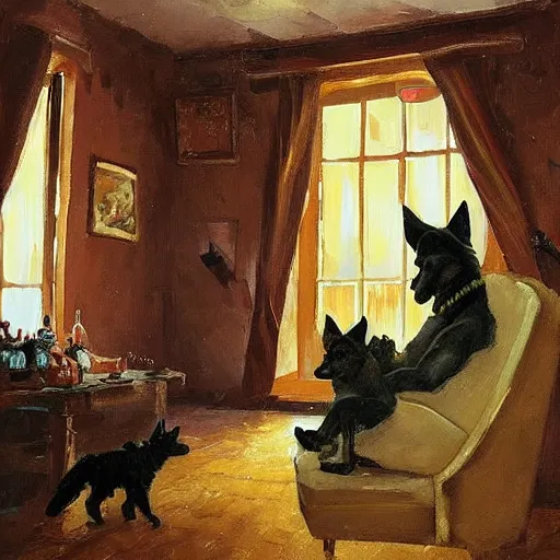 Image similar to a humanoid german shepherd beast - man, sitting and watching a soccer match in his house on television, he has hurt his knee and is a dad, by erin hanson, alexi zaitsev, karl spitzweg, award winning, tv set