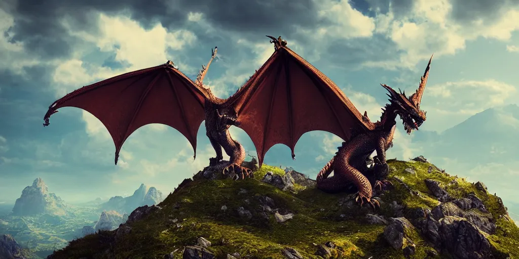 Image similar to One dragon with half open wings on the top of a mountain, epic composition, detailed and intricate image, cinematic, 4K