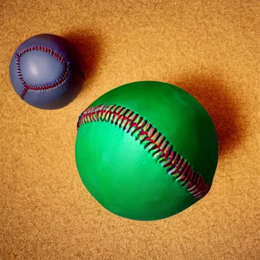 Prompt: a baseball with green seams surrounded by fruit, 4k