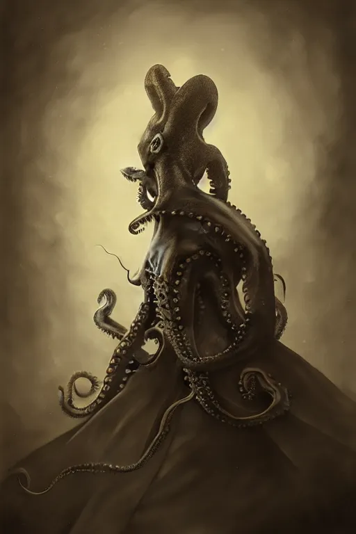 Image similar to wet plate photograph of an anthropomorphic octopus dressed in a victorian - era ballgown, dramatic lighting, highly detailed, digital painting, artstation, concept art, smooth, sharp focus, illustration, art by wlop, mars ravelo and greg rutkowski