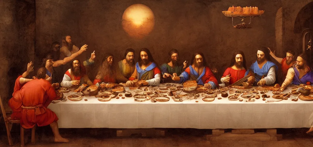 Image similar to last pizza supper, leonardo da pizza vinci, with a jesus chef inventing pizza, pizza, pizza, pizza, fog, magic, 8k, james gurney, greg rutkowski, john howe, artstation and pizza