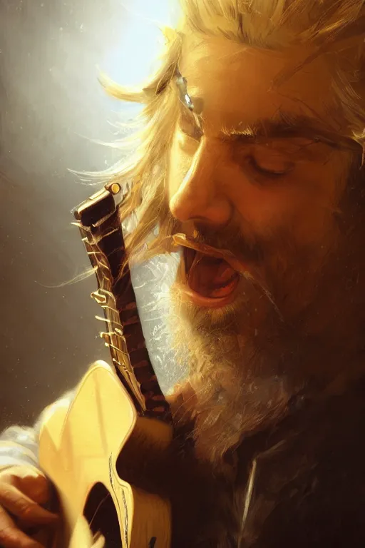 Image similar to blonde wild hair beard man, pirate eye - patch, playing guitare, close - up portrait, powerfull, intricate, elegant, volumetric lighting, scenery, digital painting, highly detailed, artstation, sharp focus, illustration, concept art, ruan jia, steve mccurry