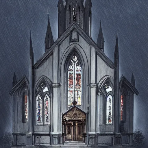 Image similar to victorian church in the middle of the city, dark, misty, at night, 8 k, detailed, concept art, trending on artstation