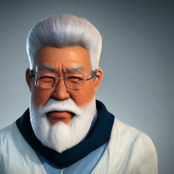 Prompt: a portrait of a shiny glowing heavenly asian elderly man with white beard, night, 8 k, octane render, artstation, digital art.