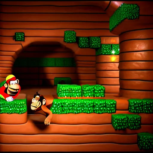 Prompt: Donkey Kong in a beautiful mine with shiny crystals on the wall and floating barrels. Unreal engine.