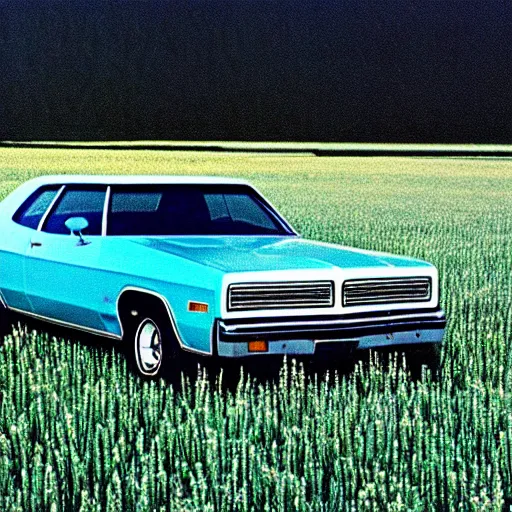 Image similar to A photograph of a beater!!!!!!!!! Powder Blue Dodge Aspen (1976) in a farm field, photo taken in 1989