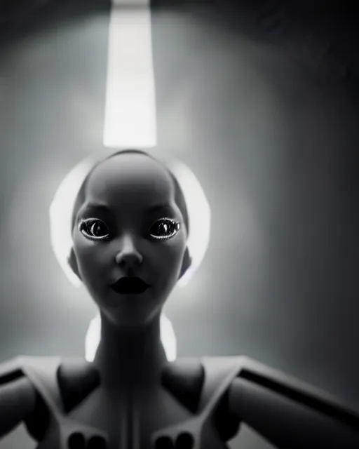 Image similar to black and white high quality photo of a female AI-queen-dragon-meshes-cyborg-doll looking into a sci-fi mirror, volumetric lighting, brutalism, foggy, dreamy, hyperdetailed, bokeh, photorealistic, cinematic, masterpiece, elegant, dark, in the style of Man Ray, octane render, 8K,