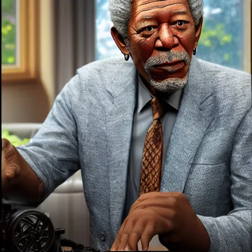 Prompt: animatronic Morgan Freeman, exposed mechanics, photo, Stan Winston studios, detailed, 4k