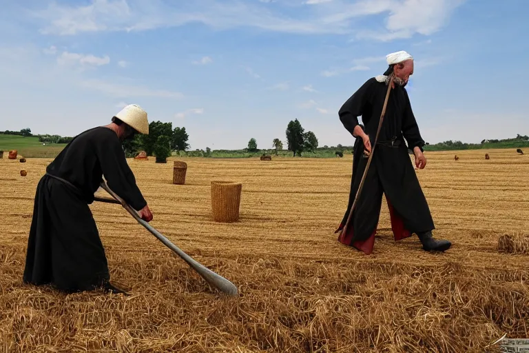 Image similar to man with scythe, medieval art, mowing of the hay, drmatic ligthing, traditional romanian clothes, woodstock festival