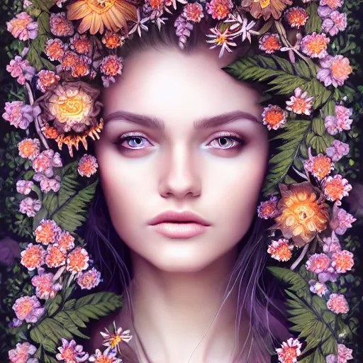 Image similar to a picture of a beautiful woman with a symmetrical detailed face, clothed in flowers and leaves sitting in an enchanted forest, sunset, high fantasy, elegant, epic, detailed, intricate, digital painting, concept art, realistic detailed face, smooth, focus, rim light