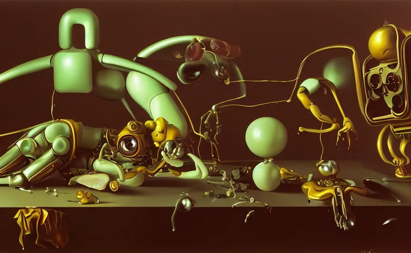 Image similar to strange seductive futuristic robot body, enticing colorful oil painting dutch golden age vanitas longing sensual still life sparse composition with bulbous objects strange gooey transparent surfaces shiny metal reflections bizarre mutant meat insects rachel ruysch dali todd schorr very detailed perfect composition rule of thirds masterpiece canon 5 0 mm, cinematic lighting, photography, retro, film, kodachrome