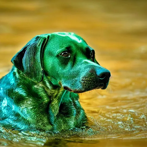 Image similar to dog swimming in green acid, 4k animal photography award-winning