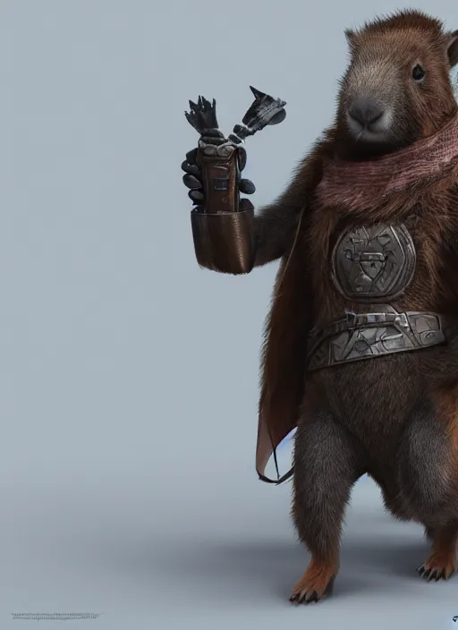 Image similar to detailed full body concept art illustration matte painting of a cute anthropomorphic capybara avenger in full intricate clothing, ultra detailed, digital art, octane render, 8K, dystopian, biomutant, micro details