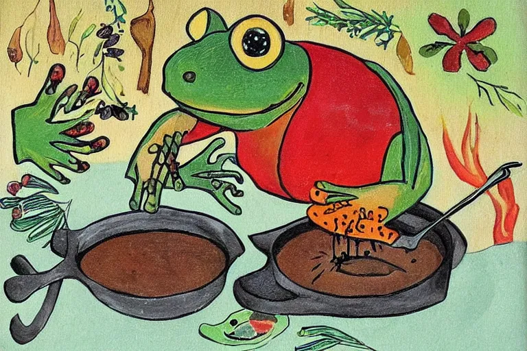 Image similar to frog cooking a pot of stew, folk art, childrens book illustration