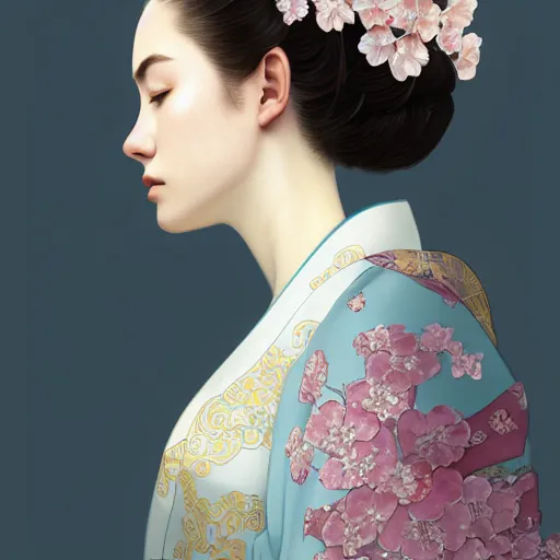 Prompt: side portrait of a young woman wearing a kimono, cherry blossom crown, long hair, hair down, headshot, hyper realistic, pale skin, 4k, rule of thirds, extreme detail, detailed drawing, trending artstation, hd, fantasy, D&D, realistic lighting, by Alphonse Mucha, Greg Rutkowski, sharp focus, backlit, elegant