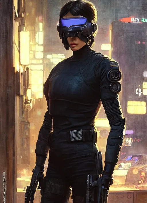 Image similar to 🦸🏼♀. cyberpunk police trooper in a military vest ( blade runner 2 0 4 9, cyberpunk 2 0 7 7 ). orientalist portrait by john william waterhouse and james gurney and theodore ralli and nasreddine dinet, oil on canvas. cinematic, hyper realism, realistic proportions, dramatic lighting, high detail 4 k