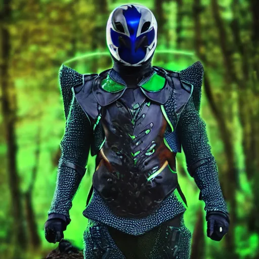 Image similar to High Fantasy Kamen Rider, glowing eyes, 4k, forest plains of north yorkshire, daytime, chainmail rubber undersuit, segmented armor, dark blue armor with green secondary color, tokusatsu