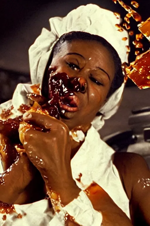 Image similar to aunt jemima covered in maple syrup horror movie cinematic