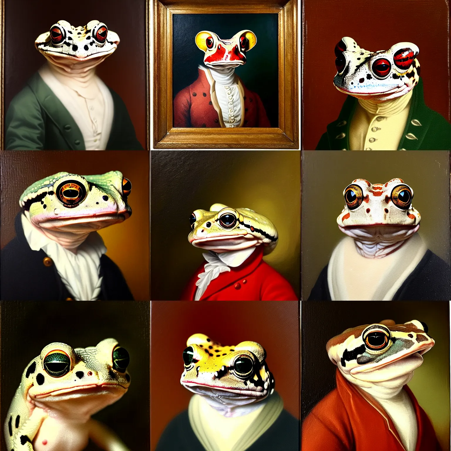 Prompt: a head and shoulders portrait painting of an anthropomorphic!!!!!!!!!! amazon milk frog!!!!!!!!!! wearing a colonial outfit without a hat looking off camera, a character portrait, american romanticism, oil on canvas, soft focus