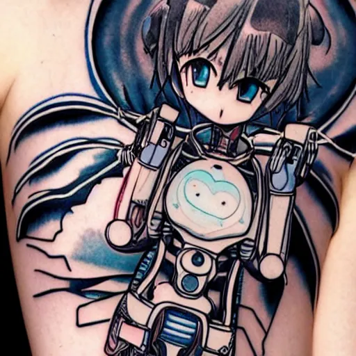 Image similar to Anime manga robot!! Anime girl tattoo, cyborg girl, exposed wires and gears, fully robotic!! girl, manga!! in the style of Junji Ito and Naoko Takeuchi, cute!! chibi!!! Schoolgirl, tattoo on upper arm, arm tattoo