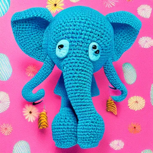 Image similar to close up of a cute crocheted elephant, concept art, illustrated, highly detailed, high quality, bright colors, optimistic,