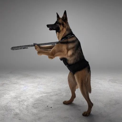 Image similar to a humanoid german shepherd flexing holding a crowbar, dslr, 8 k, octane beautifully detailed render, cold lighting, cinematic lighting, white background, detailed photo, masterpiece, volumetric lighting, ultra realistic, highly detailed, high quality, lossless, photorealistic, grayscale