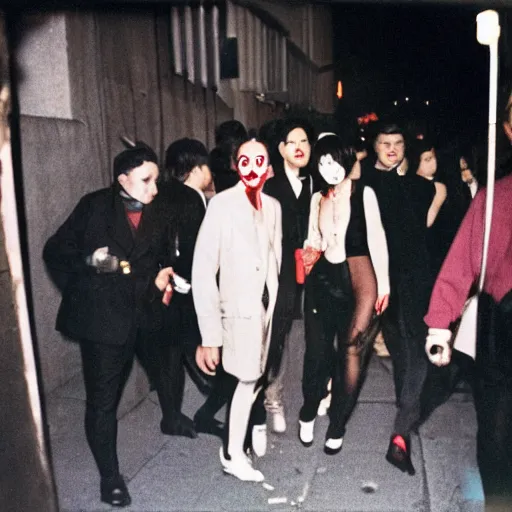 Image similar to Street photography, a close up of several people leaving a seedy nightclub at 5am, they are smoking, someone is screaming, Kabuki makeup, Kodachrome