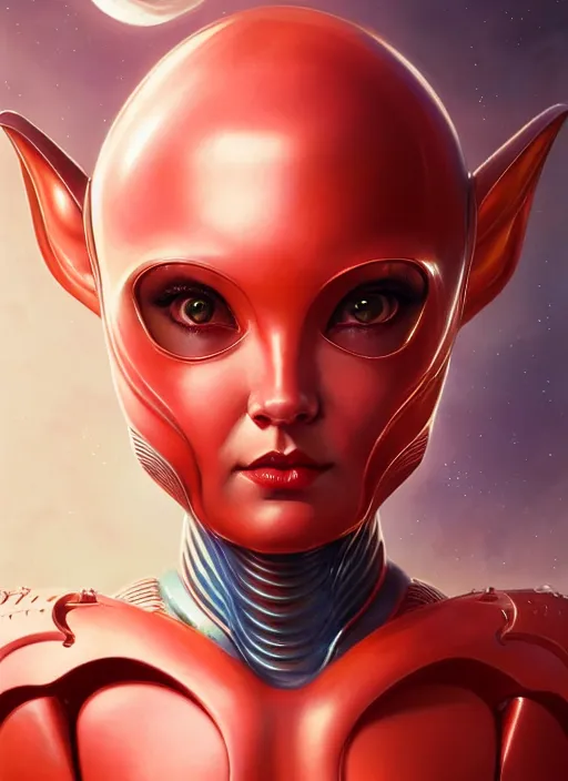 Prompt: face of a cute alien girl wearing shiny plastic armor in the style of roger dean and alberto vargas and stefan kostic, realistic, sharp focus, 8 k high definition, insanely detailed, intricate, elegant, art by greg rutkowski and artgerm, extreme blur coral reef background