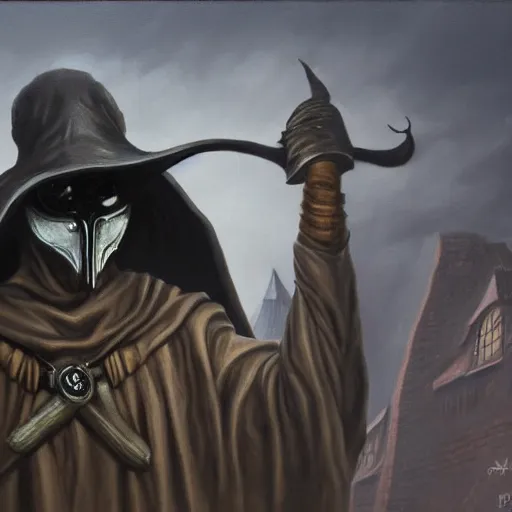 Prompt: Plague doctor, elden ring boss, matte painting, detailed, elden ring, oil on canvas