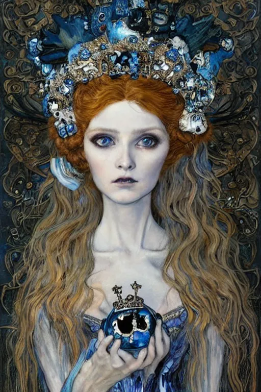 Image similar to The Princess of Bones by Karol Bak, Jean Deville, Gustav Klimt, and Vincent Van Gogh, portrait of a porcelain doll princess wearing a crown, beautiful porcelain ball-joint doll face, BJD, pale blue eyes, mystic eye, otherworldly, crown made of bones, ornate jeweled crown, skulls, fractal structures, arcane, inscribed runes, infernal relics, ornate gilded medieval icon, third eye, spirals, rich deep moody colors