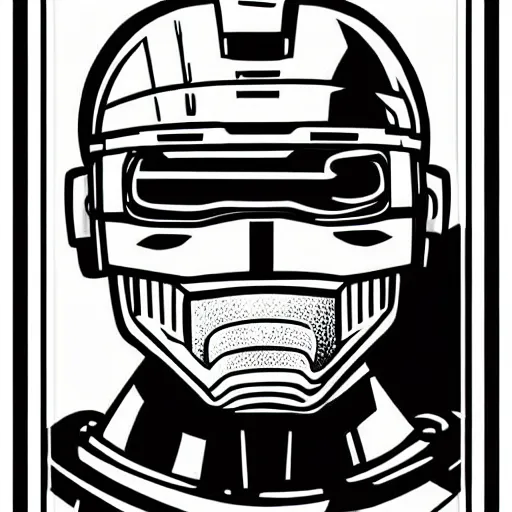 Image similar to RoboCop silkscreen poster by Andy Warho. Duotone silver and black on white paper. Paper texture