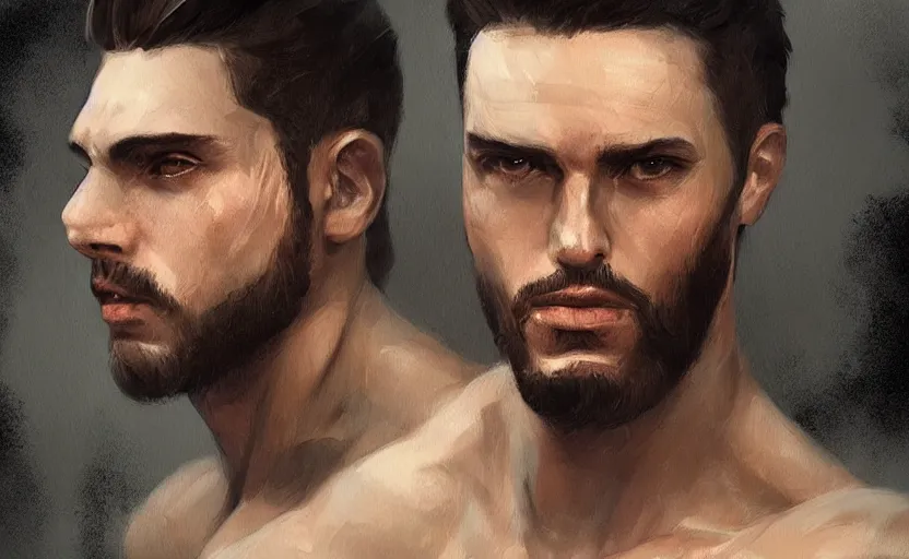 Prompt: a painting of arkul trending on artstation in the style of greg rutkowski, beautiful, male, sensual, natural skin, muscular, stubble, warrior tattoo