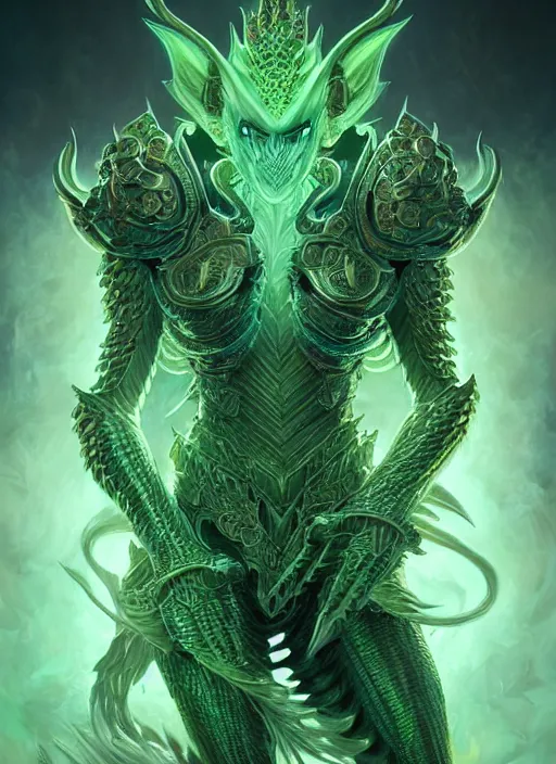 Image similar to muscular and tall green ghostly fire humanoid dragon!!!! draconian!! intricate ornate iridescent heavy armor!! character concept art, sharp focus, octane render! unreal engine 5! highly rendered!! trending on artstation!! detailed linework!! illustration by artgerm, wlop, and chie yoshii