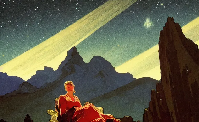 Prompt: mountains, stars and paisley filled sky, artstation, intricate, highly detailed, digital painting, concept art, sharp focus, illustration by Edward Hopper and Alphonse Mucha