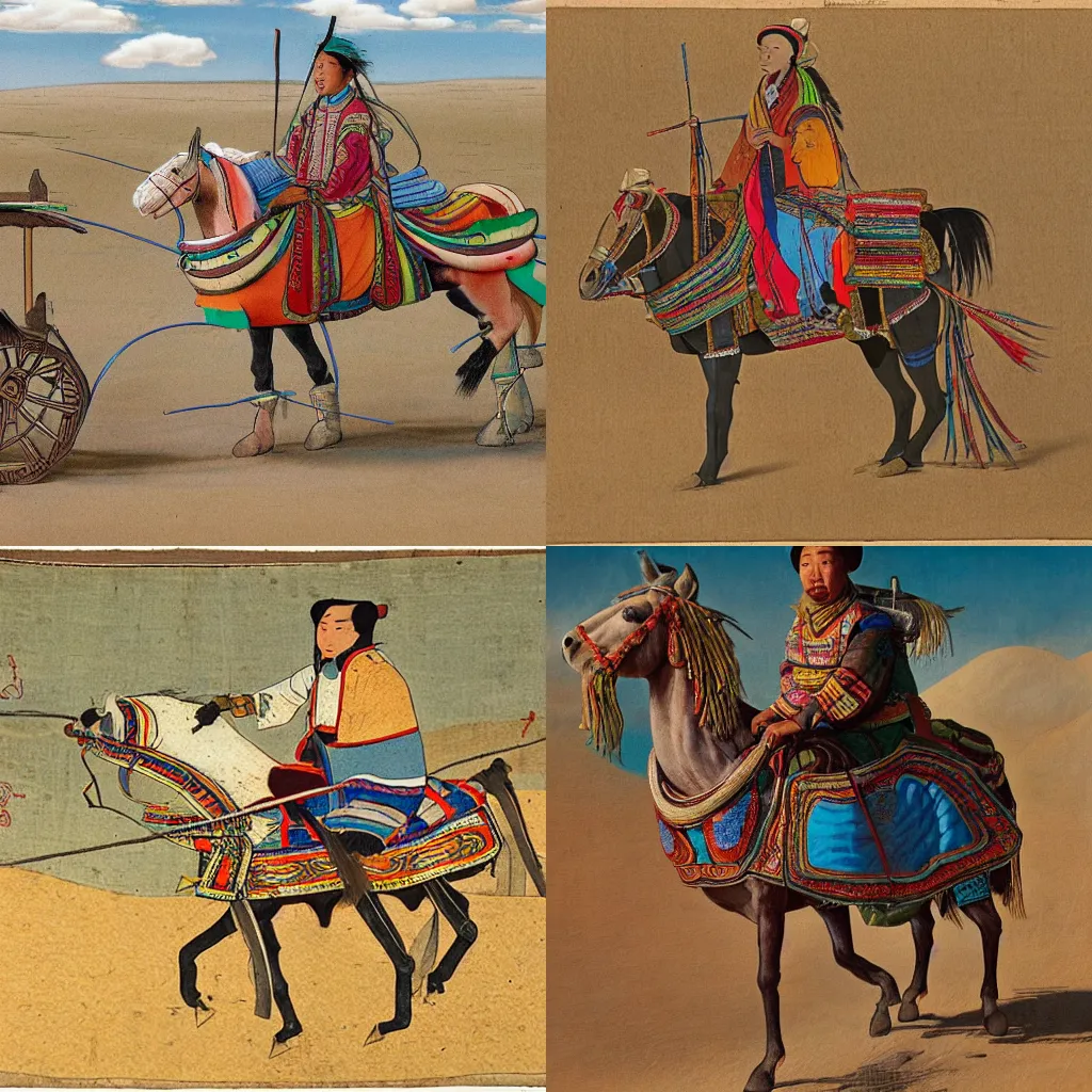 Prompt: a mongol programmer riding horse with the computers in the cart and colourful wires in the saddle bags, highly detailed, no crop