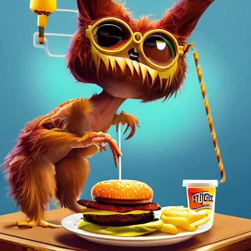 Image similar to Gizmo from Gremlins 1984 eating hamburgers with extra ketchup and mustard, pickles, onions, lettuce, Big Macs, intricate, epic lighting, cinematic composition, hyper realistic, 8k resolution, unreal engine 5, by Artgerm, tooth wu, dan mumford, beeple, wlop, rossdraws, James Jean, Andrei Riabovitchev, Marc Simonetti, yoshitaka Amano, Artstation