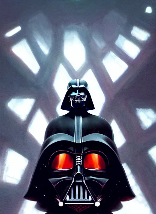 Image similar to Highly detailed portrait of Darth vader, Stephen Bliss, unreal engine, fantasy art by Greg Rutkowski, Loish, Rhads, ferdinand knab, Makoto Shinkai and Lois van baarle, ilya kuvshinov, rossdraws, Tom Bagshaw, alphonse mucha, global illumination, radiant light, detailed and intricate environment