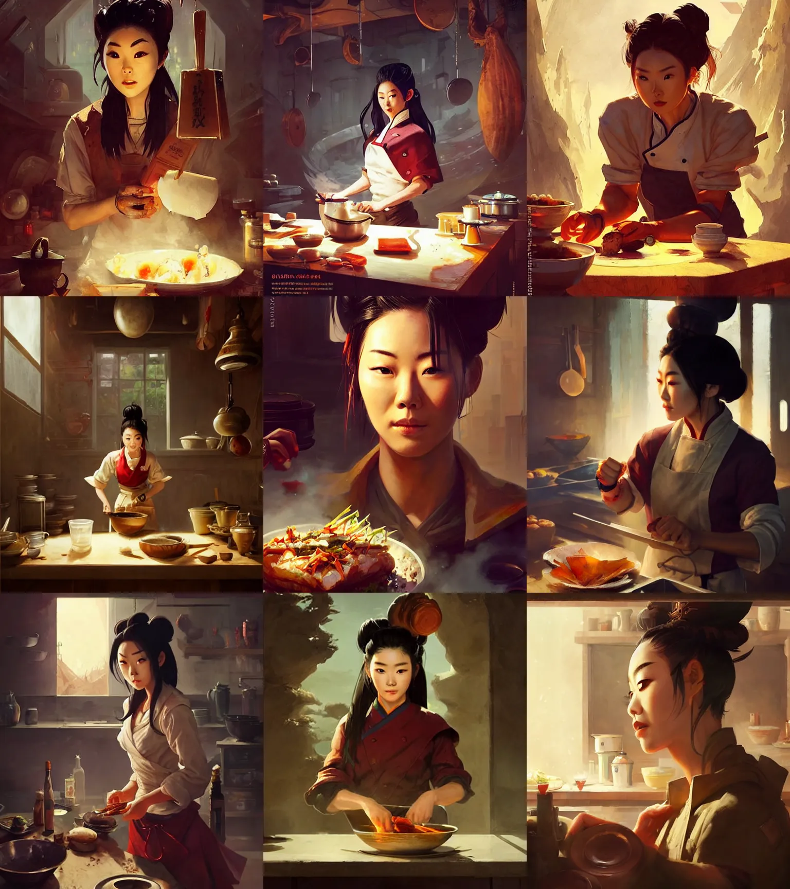 Prompt: a portrait of arden cho chef character in a scenic k - pop kitchen environment by marco bucci and greg rutkowski and frank frazetta, sharp focus, detailed, cinematic