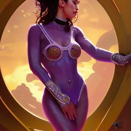 Image similar to Portrait of very very very very very very beautiful Latina woman, spacesuit, purple eyes, intricate, elegant, highly detailed, digital painting, artstation, concept art, smooth, sharp focus, illustration, art by artgerm and greg rutkowski and alphonse mucha