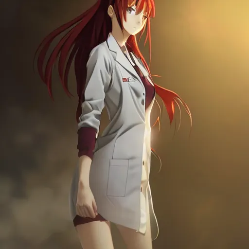 Prompt: kurisu makise steins gate anime atmospheric, standing, lab coat, elegant, super highly detailed, professional digital painting, artstation, concept art, 8k, art by wlop, artgerm and alphonse mucha and eiichiro oda