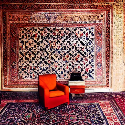 Prompt: a room with a chair, a table, a speaker and a persian carpet on the floor, unsplash, postminimalism, aesthetic