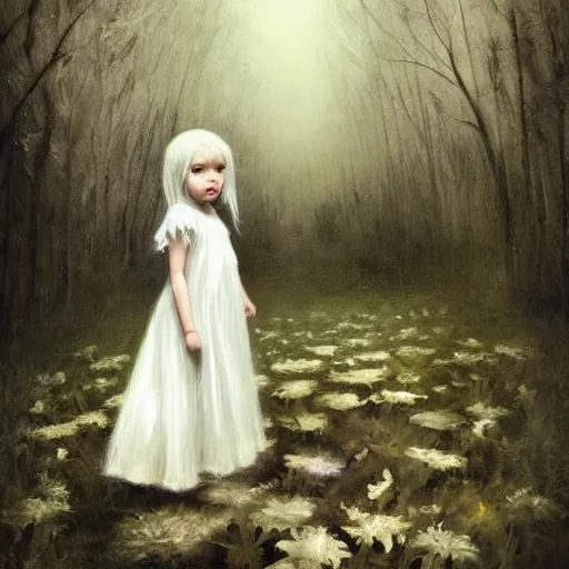 Image similar to a painting of a beautiful little girl in a white dress, white hair, bare foot, in the middle of a strange forest by Seb McKinnon