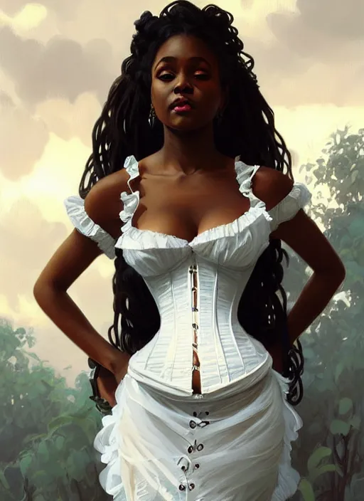 Image similar to cute black woman wearing a white corset dress, fantasy, intricate, highly detailed, digital painting, artstation, concept art, wallpaper, smooth, sharp focus, illustration, art by artgerm and greg rutkowski and alphonse mucha